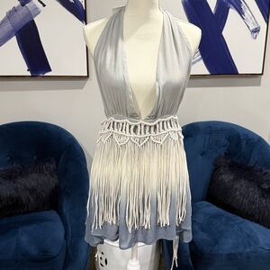 ASOS Macrame Fringe Halter Mini Dress Blue Ombre Gauze Boho Size 4 NWT